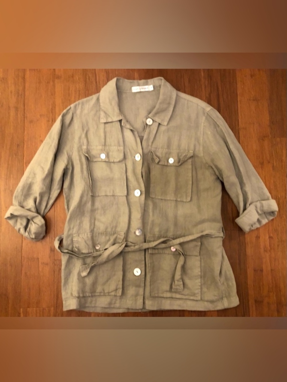 Cut Loose Shacket 100% Linen Olive Utility Jacket Tie Waist Military